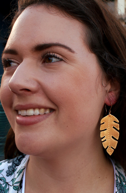 Brass Banana Leaf Earrings - Large