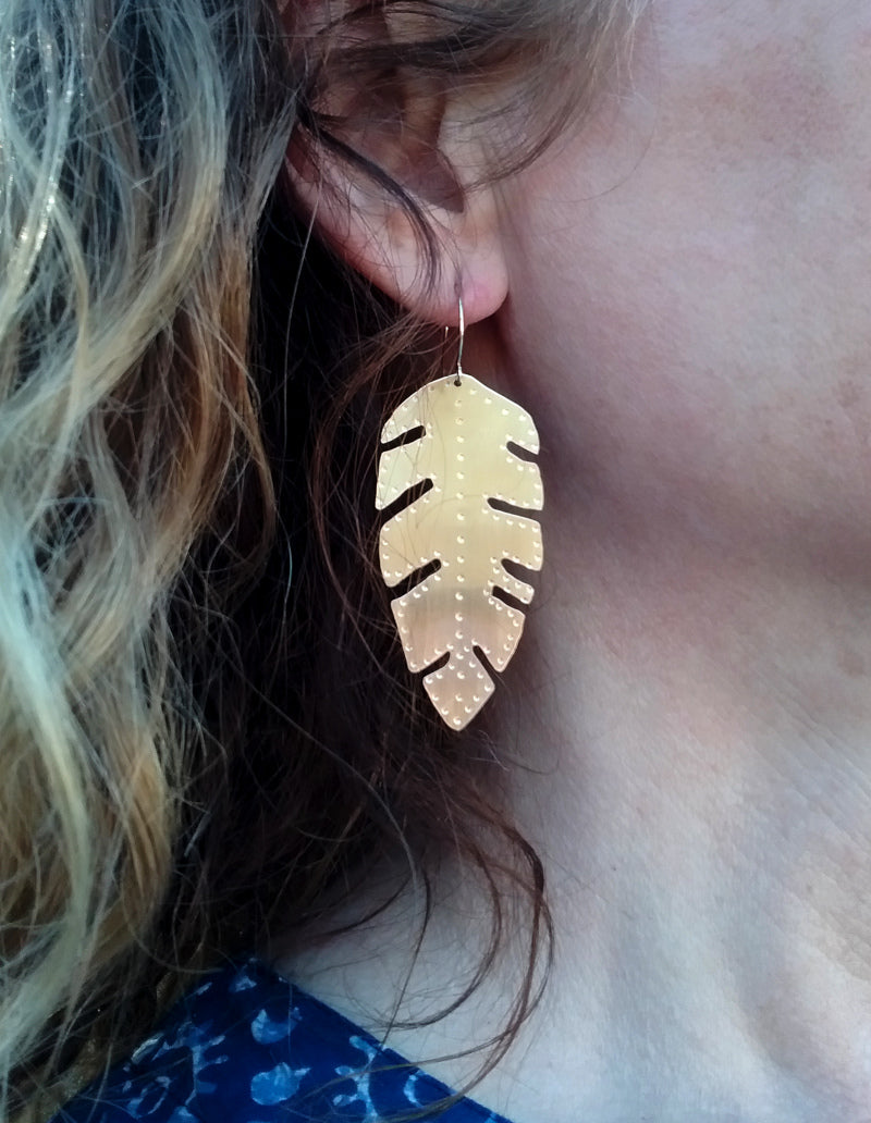 Brass Banana Leaf Earrings - Large
