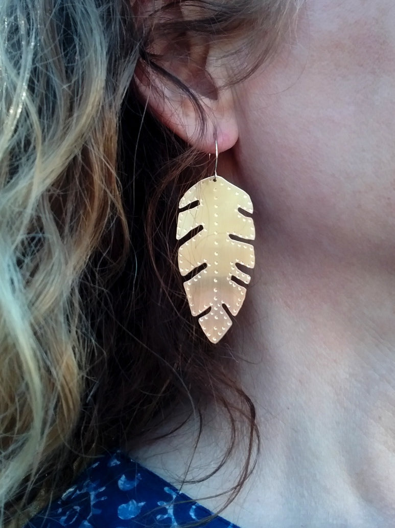 Brass Banana Leaf Earrings - Large