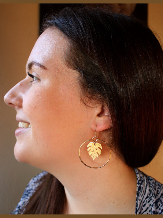 Brass Monstera Leaf Hoops