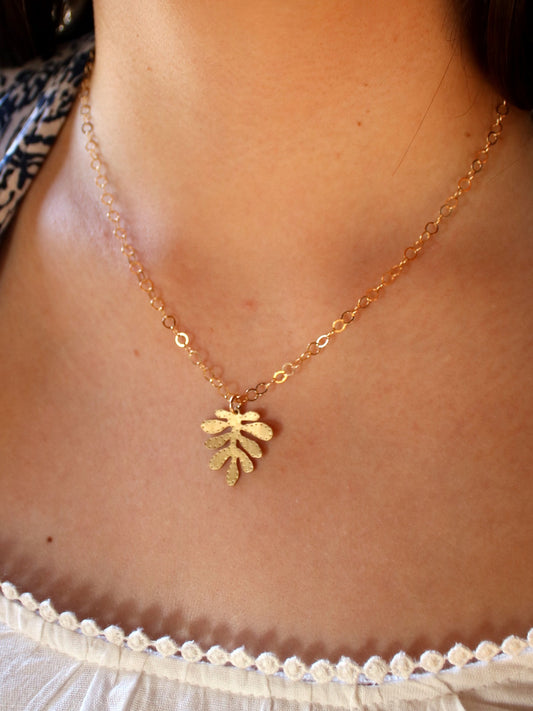 Brass Yellow Cress Leaf Pendant Necklace