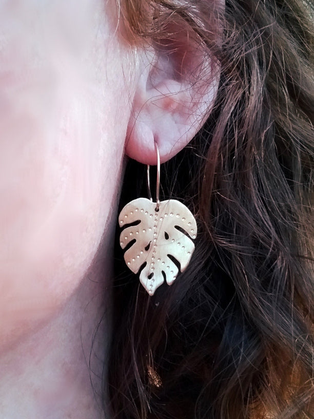 Brass Monstera Leaf Earrings - Small