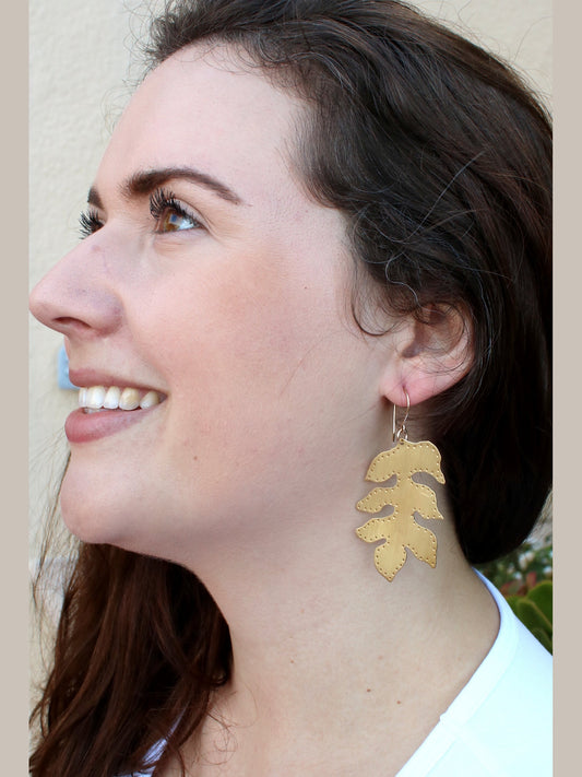 Brass Sassafras Leaf Earrings - Large