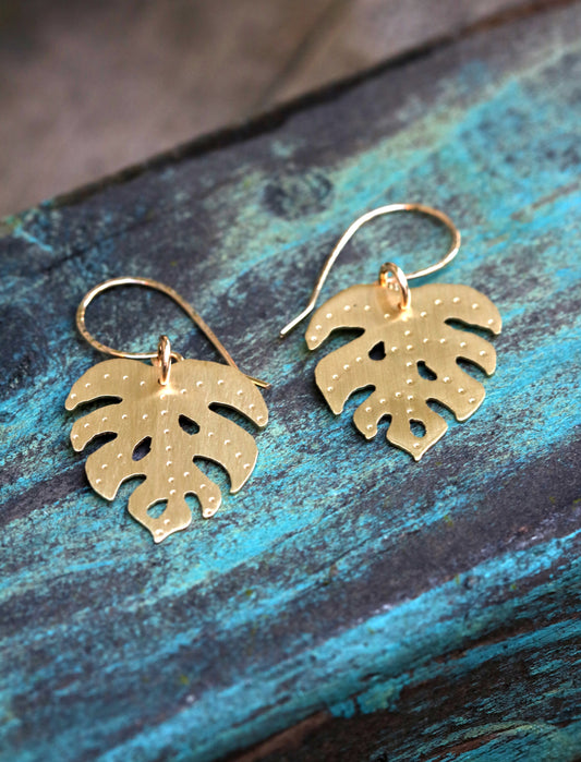 Brass Monstera Leaf Earrings - Small