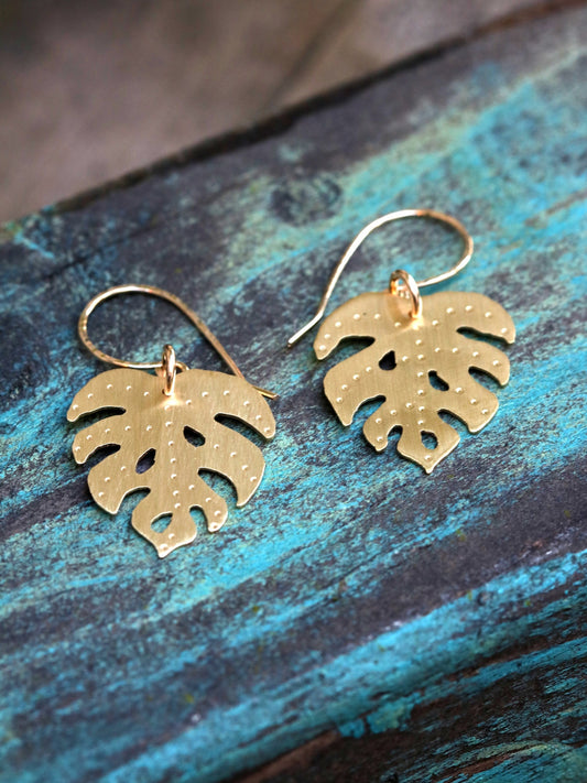Brass Monstera Leaf Earrings - Small