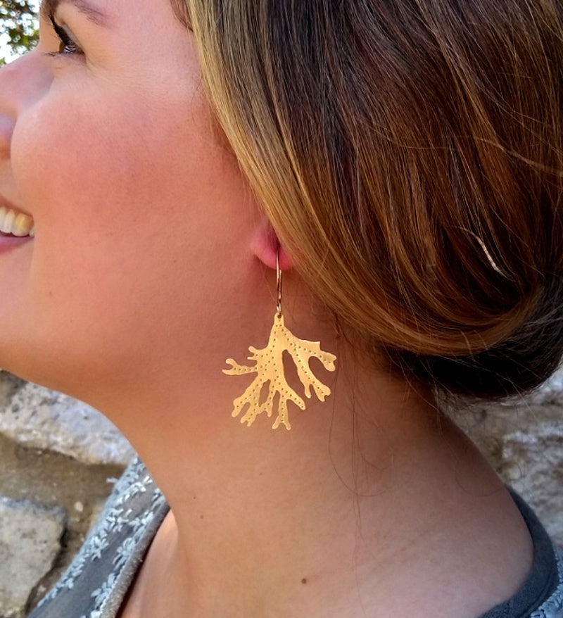 Brass Staghorn Leaf Earrings - Large