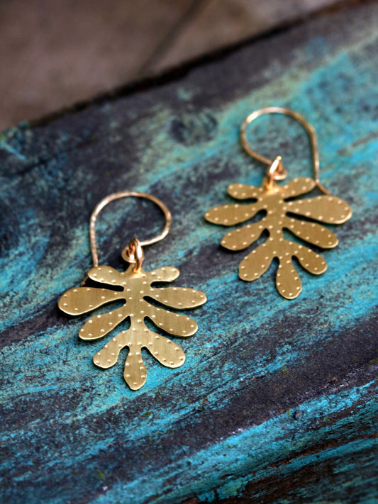Brass Yellow Cress Leaf Earrings - Small
