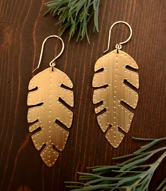 Brass Banana Leaf Earrings - Large