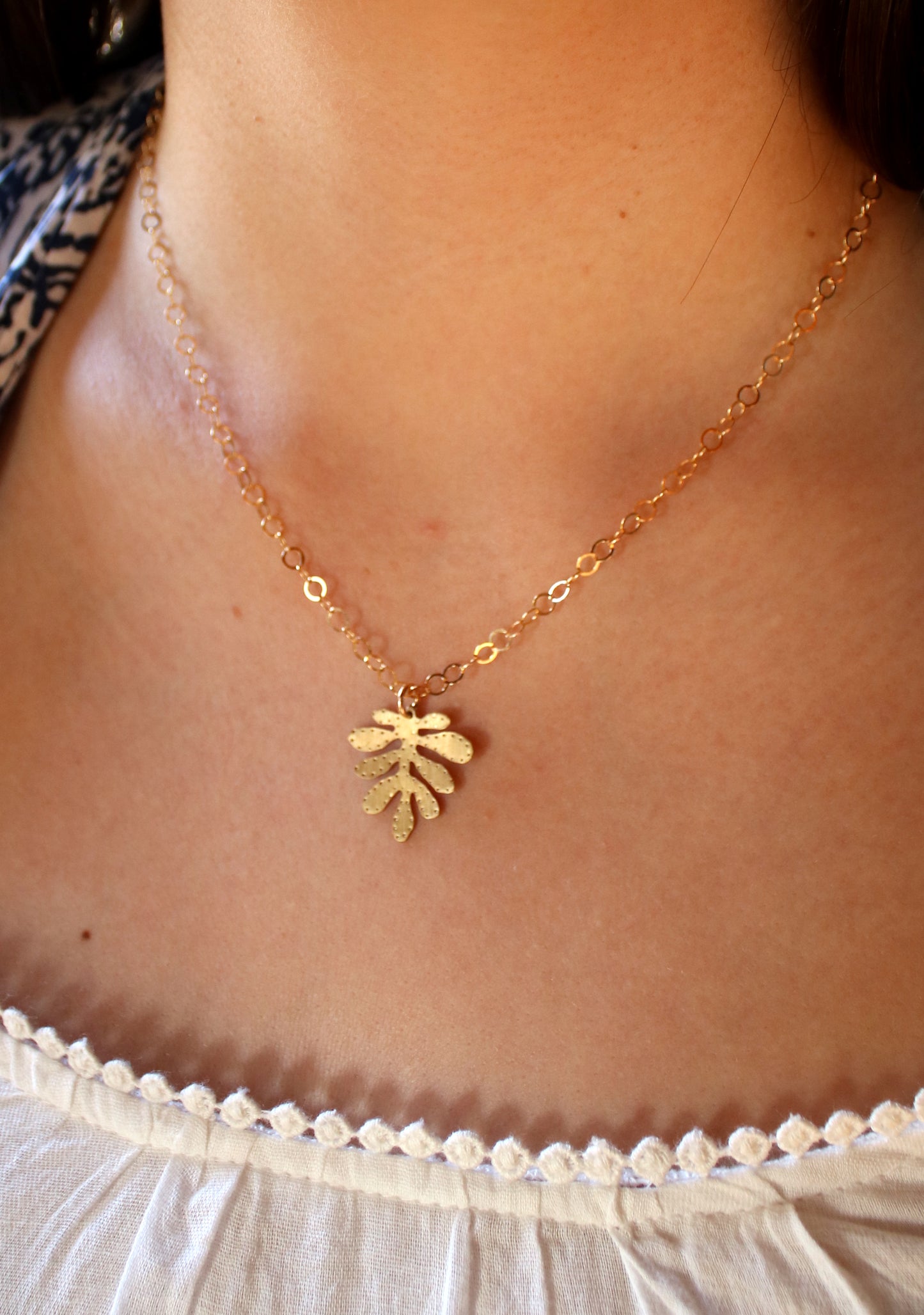 Brass Yellow Cress Leaf Pendant Necklace