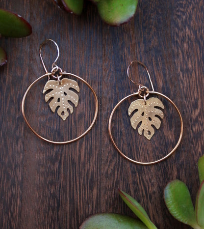 Brass Monstera Leaf Hoops