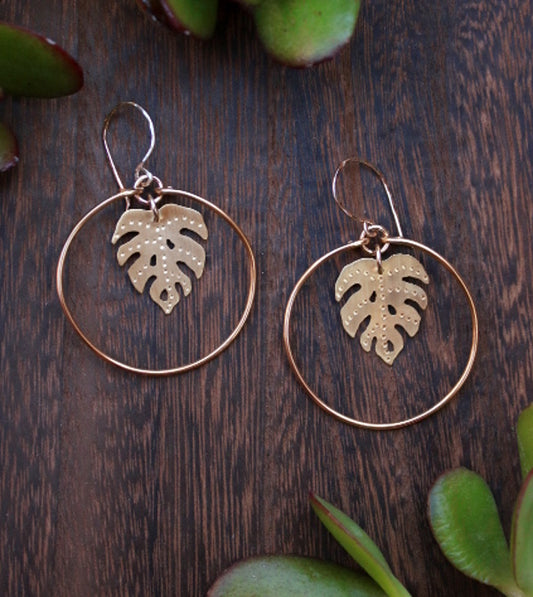 Brass Monstera Leaf Hoops
