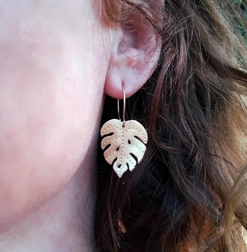 Brass Monstera Leaf Earrings - Small