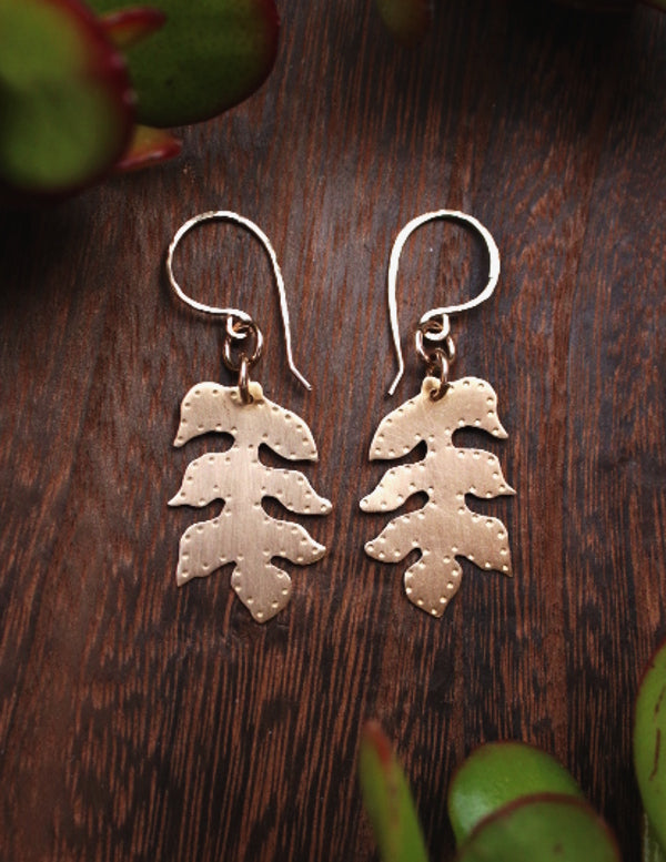 Brass Sassafras Leaf Earrings - Small