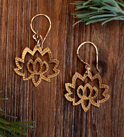 Brass Lotus Flower Earrings - Small