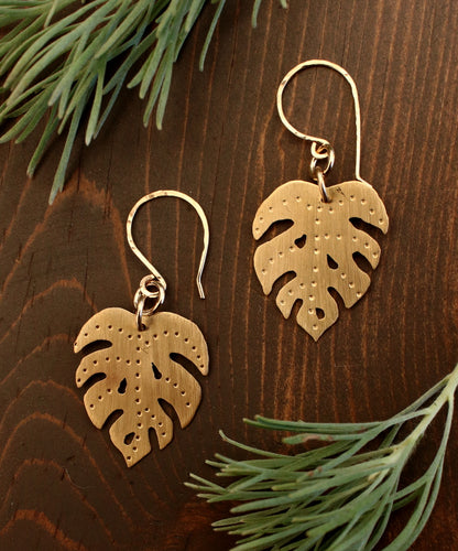 Brass Monstera Leaf Earrings - Small
