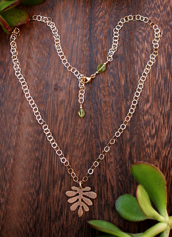 Brass Yellow Cress Leaf Pendant Necklace