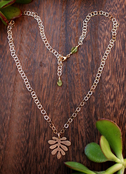 Brass Yellow Cress Leaf Pendant Necklace