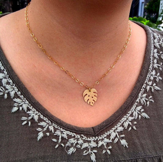 Brass Monstera Leaf Pendant Necklace