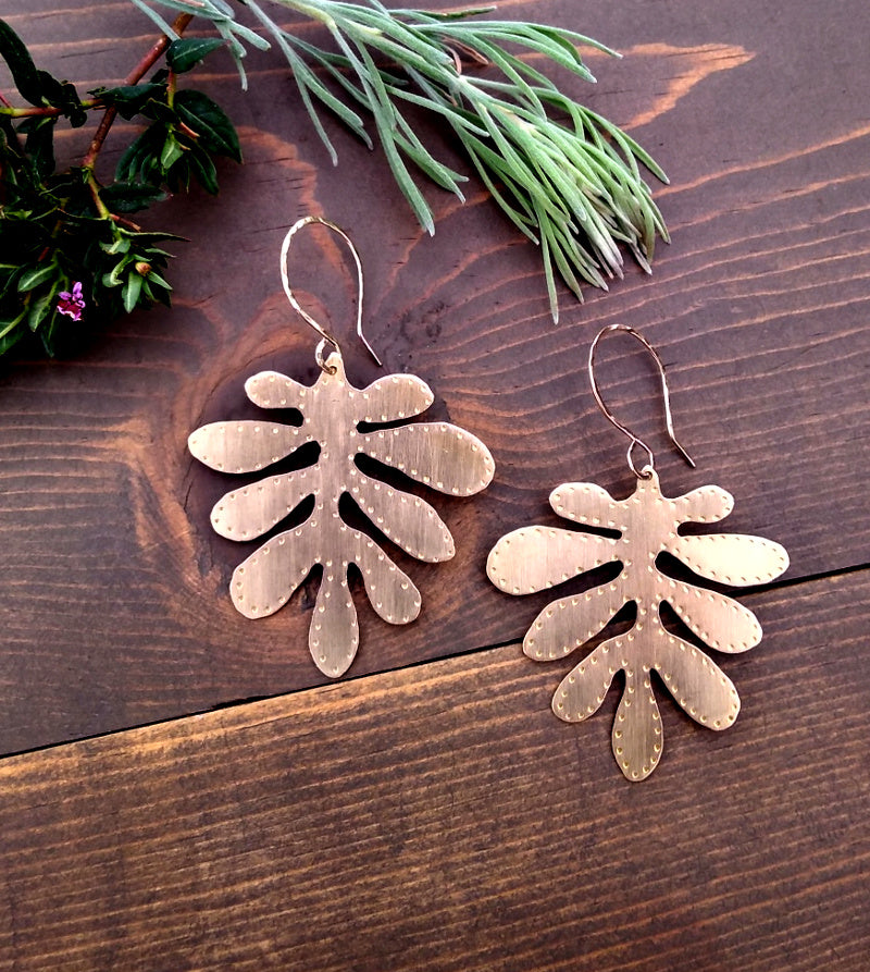 Brass Yellow Cress Leaf Earrings - Large