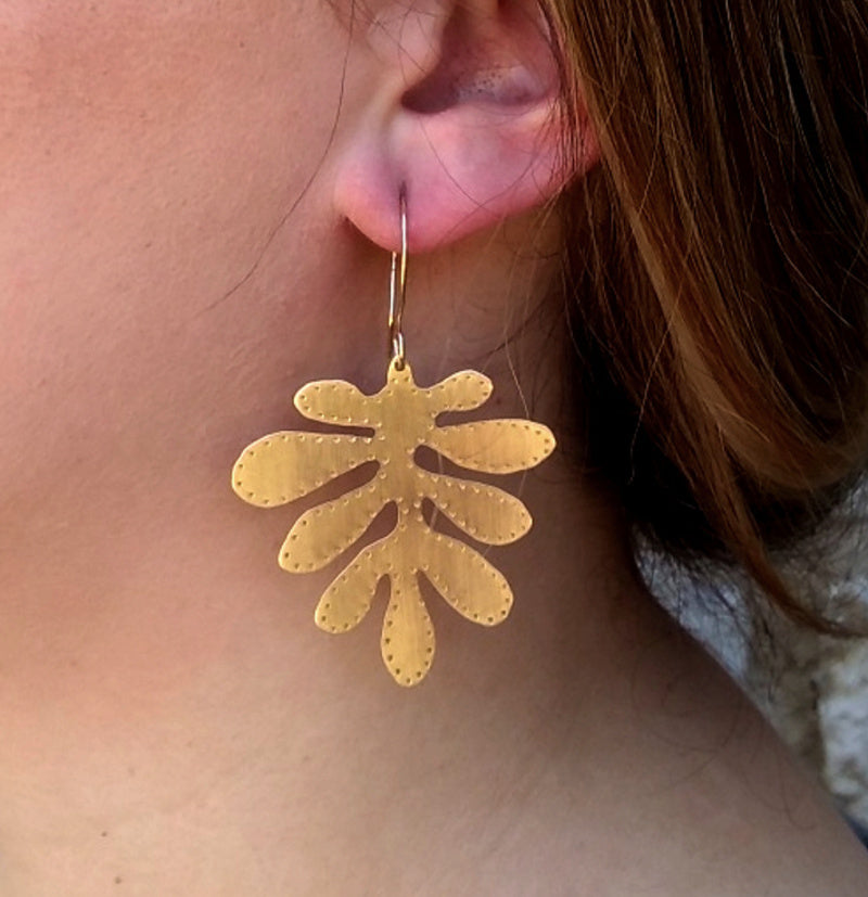 Brass Yellow Cress Leaf Earrings - Large